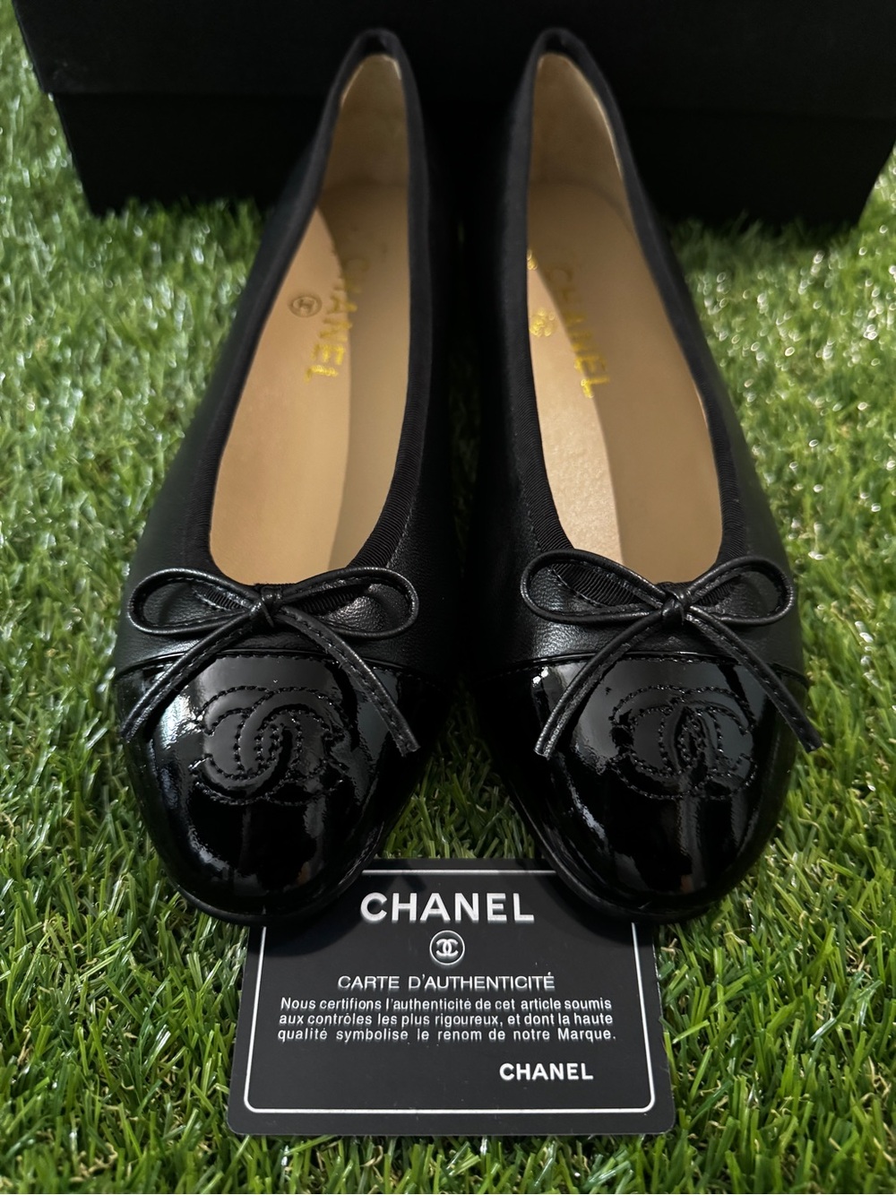 CHNL Black Patent Cap-Toe Ballet Flats with Bow